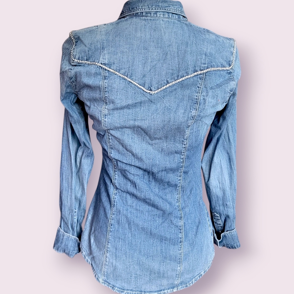 Denim Rhinestone Studded Women's Button Down Jacket - Picture 3 of 8